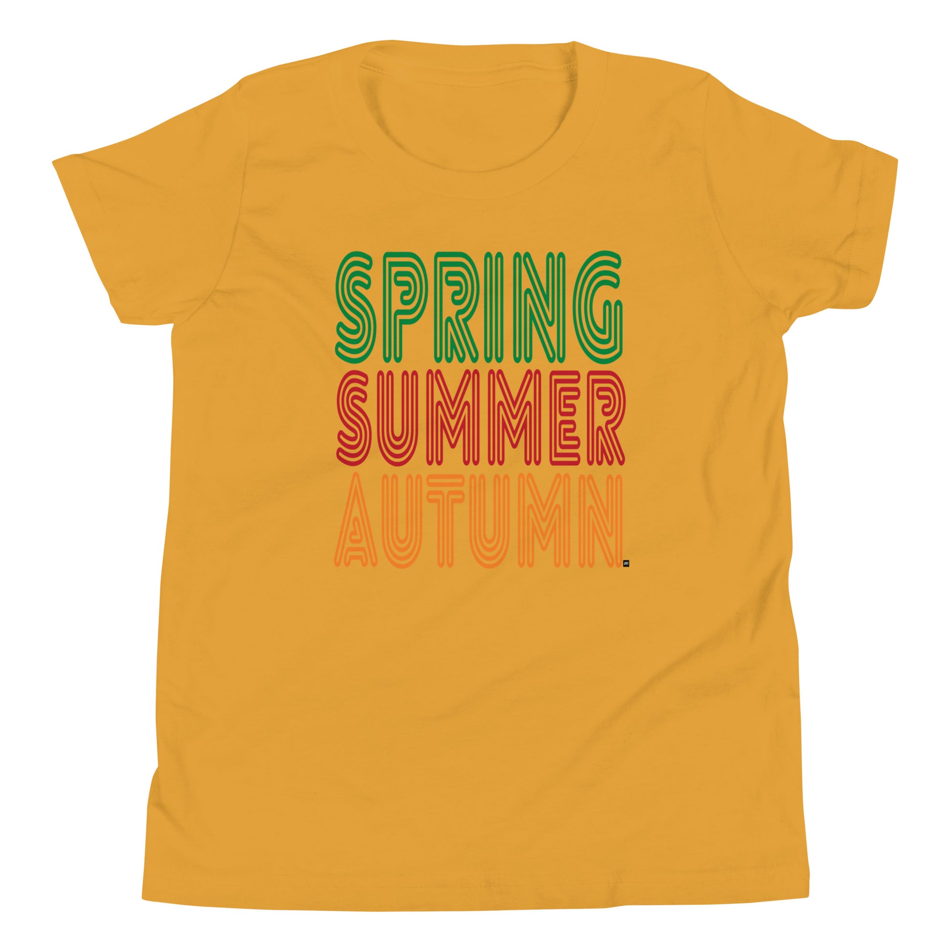 Yellow t-shirt with 'Spring Summer Autumn' text in green, red, and orange on a white background