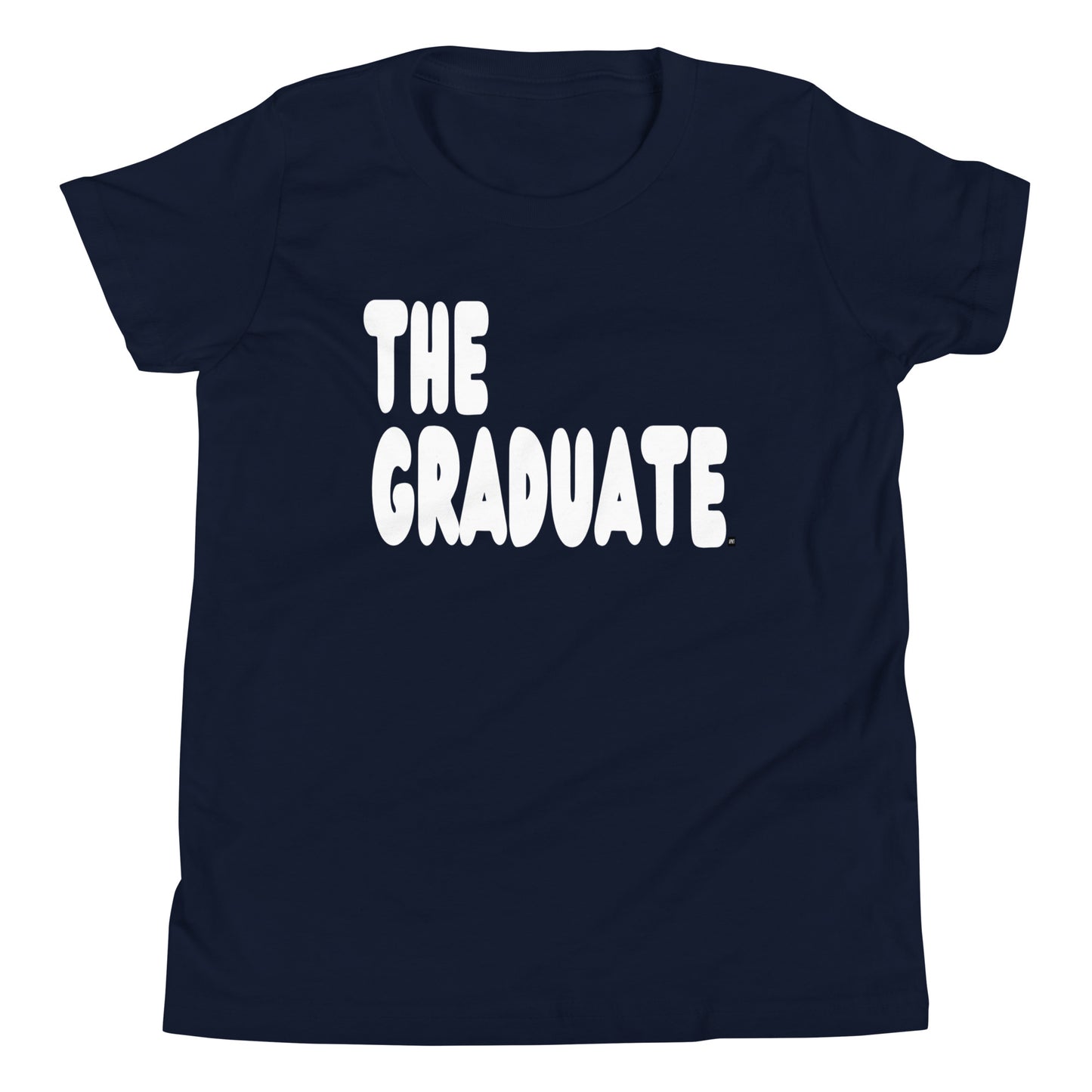 Navy blue t-shirt with 'THE GRADUATE' text in white on a white background
