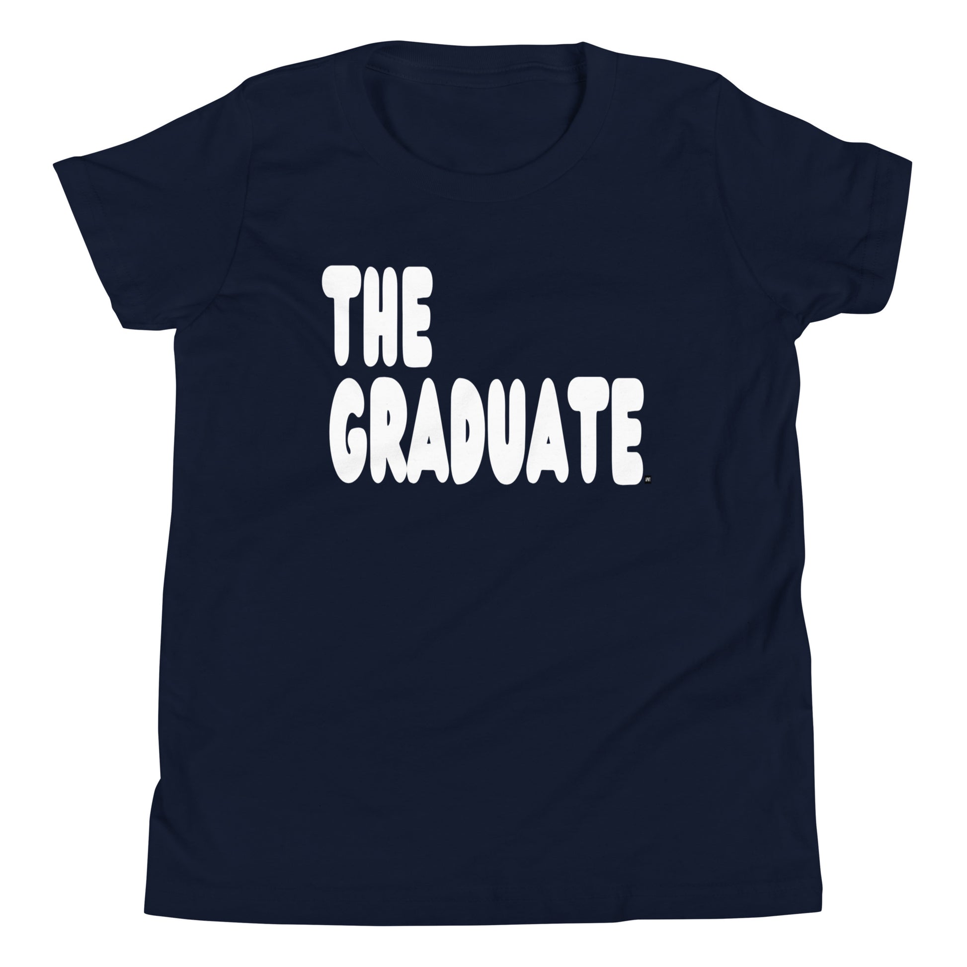 Navy blue t-shirt with 'THE GRADUATE' text in white on a white background