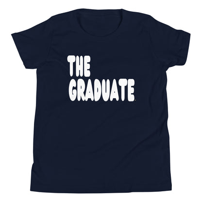 Navy blue t-shirt with 'THE GRADUATE' text in white on a white background