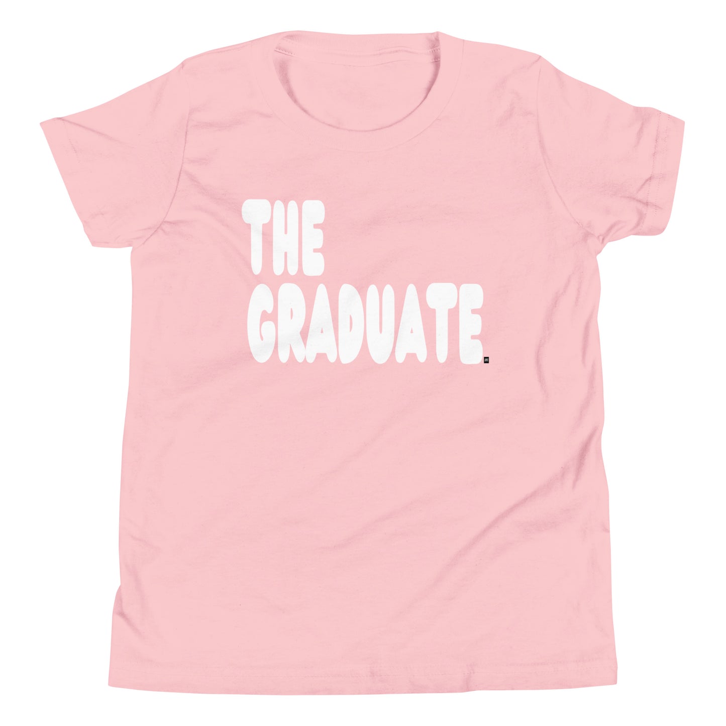 Pink t-shirt with 'THE GRADUATE' text on a white background