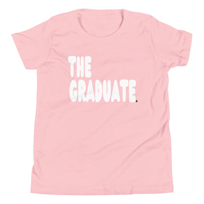 Pink t-shirt with 'THE GRADUATE' text on a white background