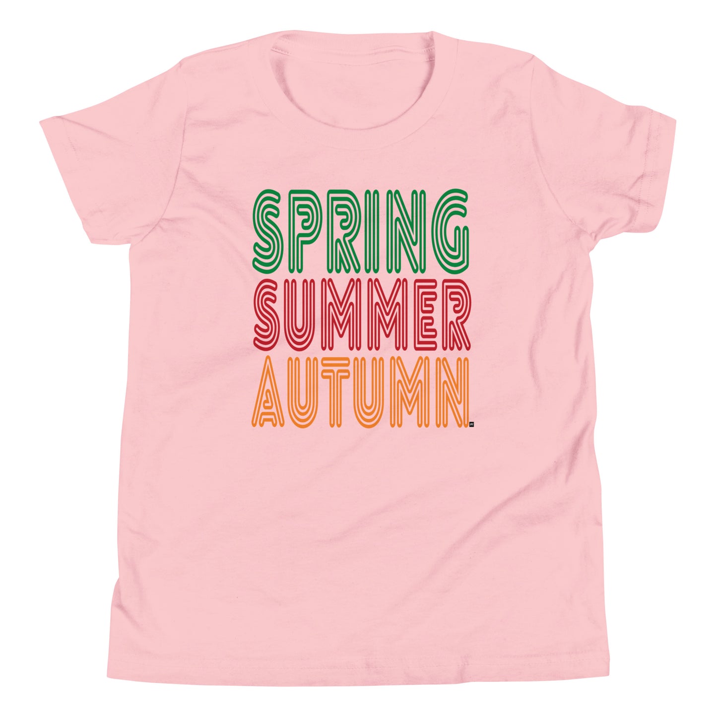 Pink t-shirt with 'Spring Summer Autumn' text in different colors on a white background
