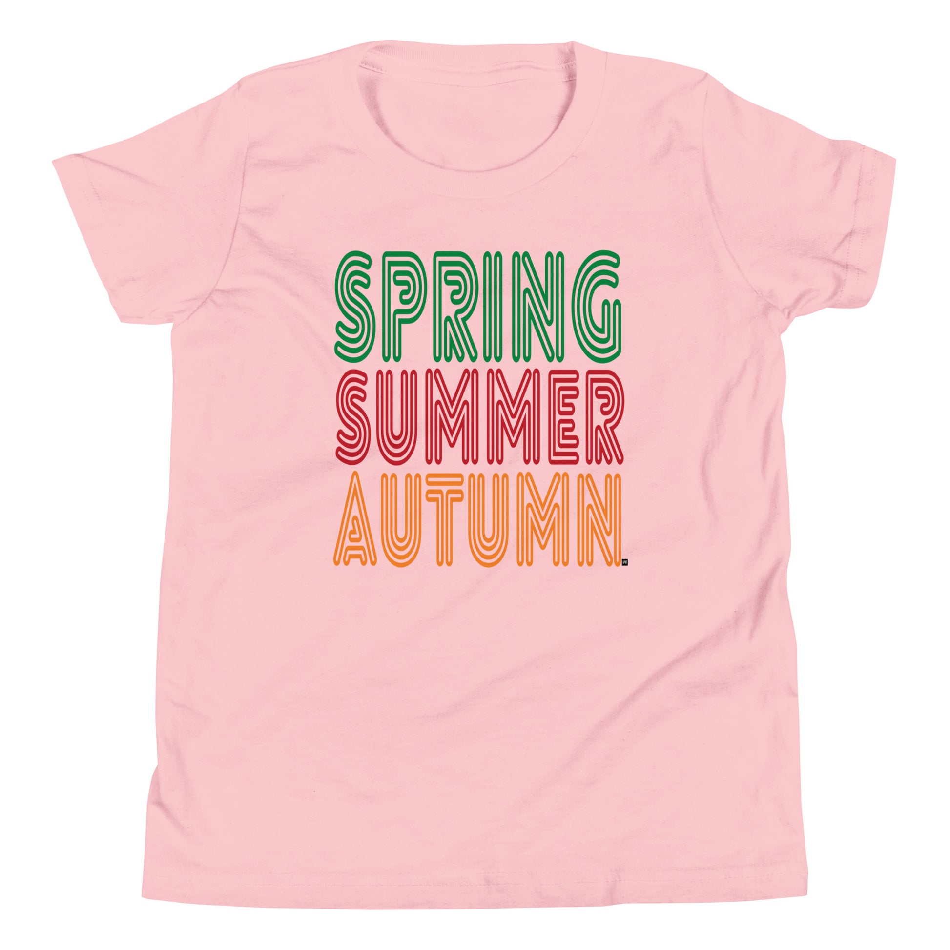 Pink t-shirt with 'Spring Summer Autumn' text in different colors on a white background