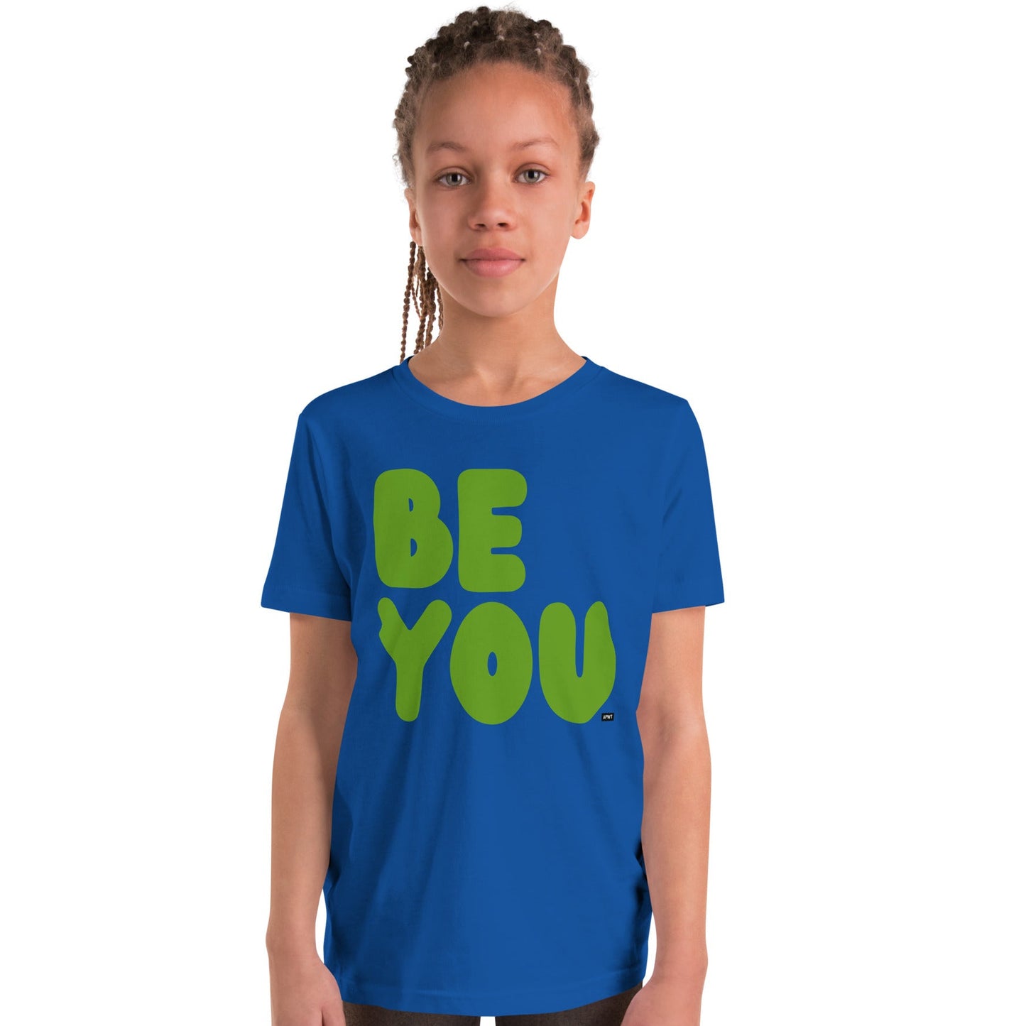Child wearing a blue t-shirt with 'BE YOU' in green letters on a white background
