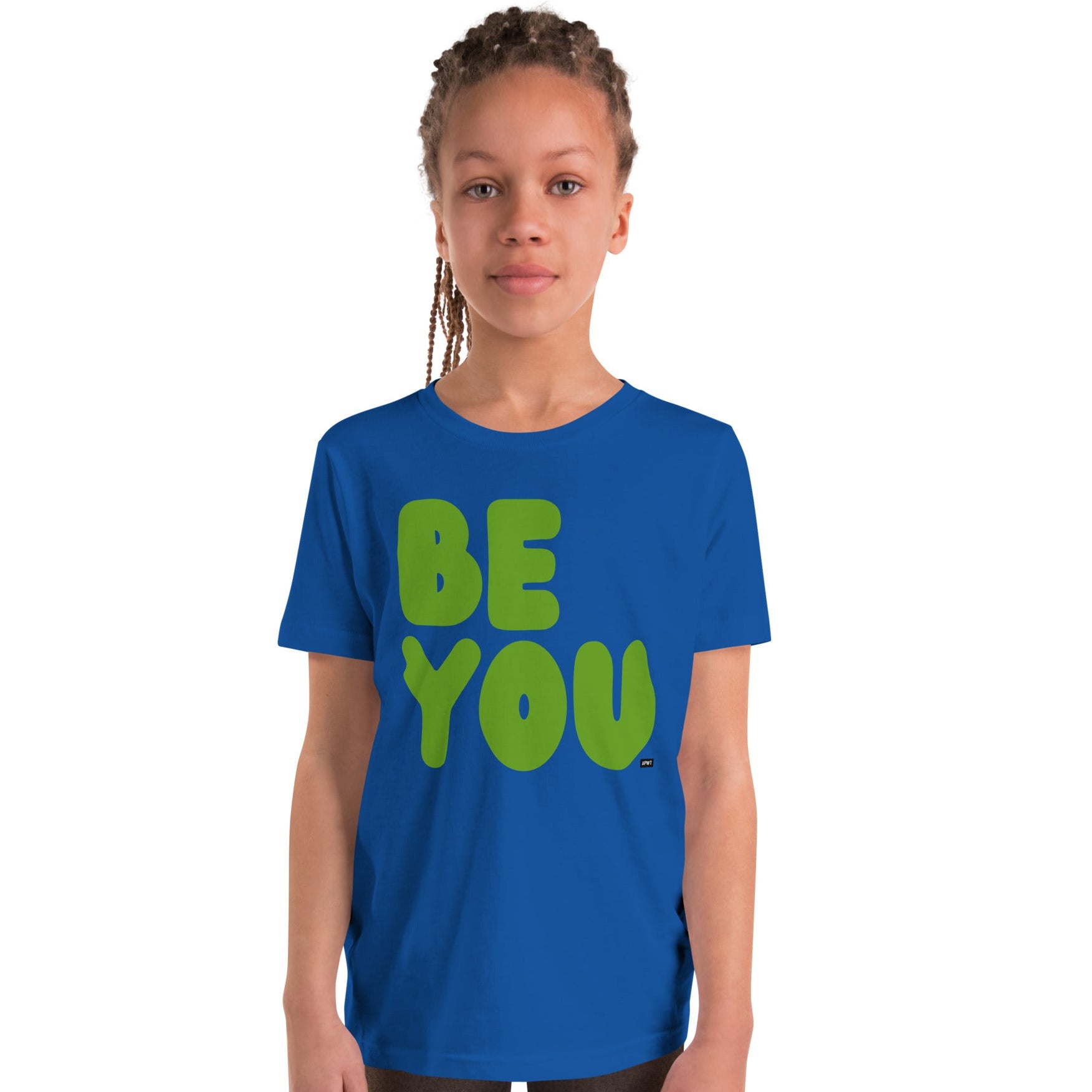 Child wearing a blue t-shirt with 'BE YOU' in green letters on a white background