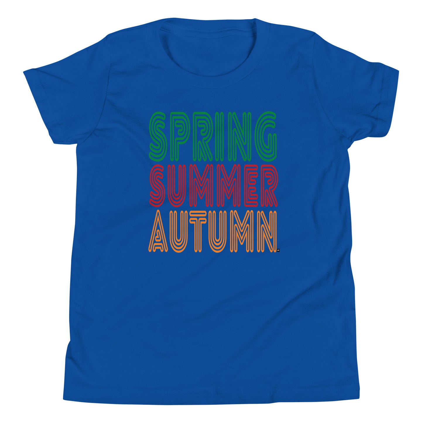 Blue t-shirt with 'Spring Summer Autumn' text in different colors on a white background
