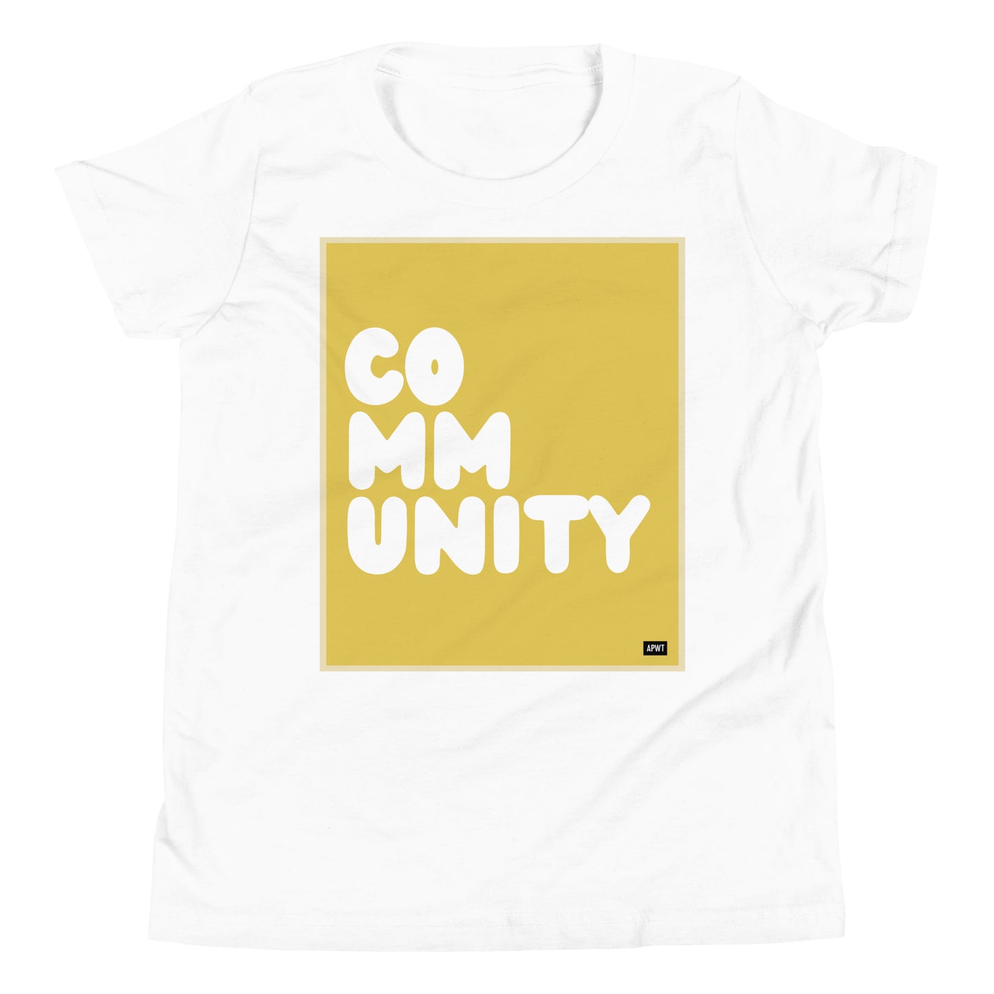 Community Kids in Yellow Unisex T-Shirt in White - The APWT Gift Shop