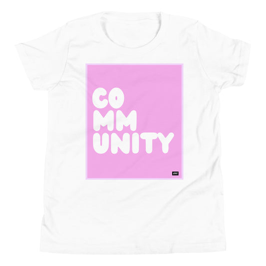 Community Kids in Pink Unisex T-Shirt in White - The APWT Gift Shop