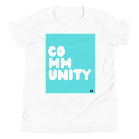 Community Kids in Turquoise Unisex T-Shirt in White - The APWT Gift Shop